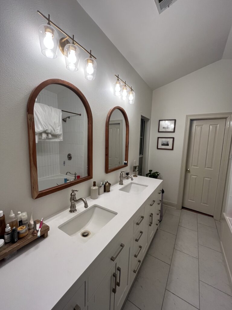 bathroom remodel, sink repair, light fixture repair, light installation, floor replacement, hang mirror, door, cabinet painting